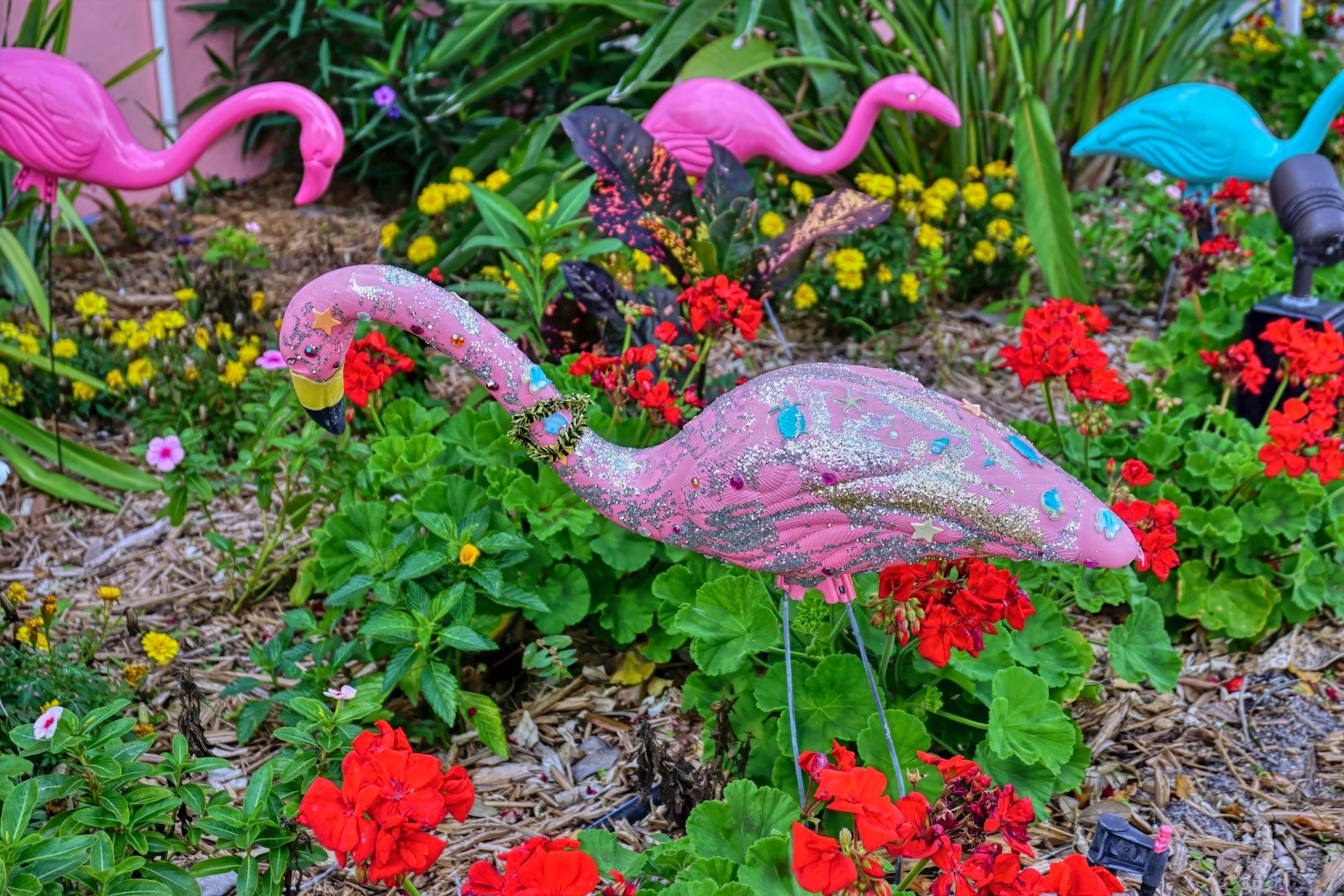 Sarasota whimsical art includes colorful flamingos at Marietta Museum of Art & Whimsy