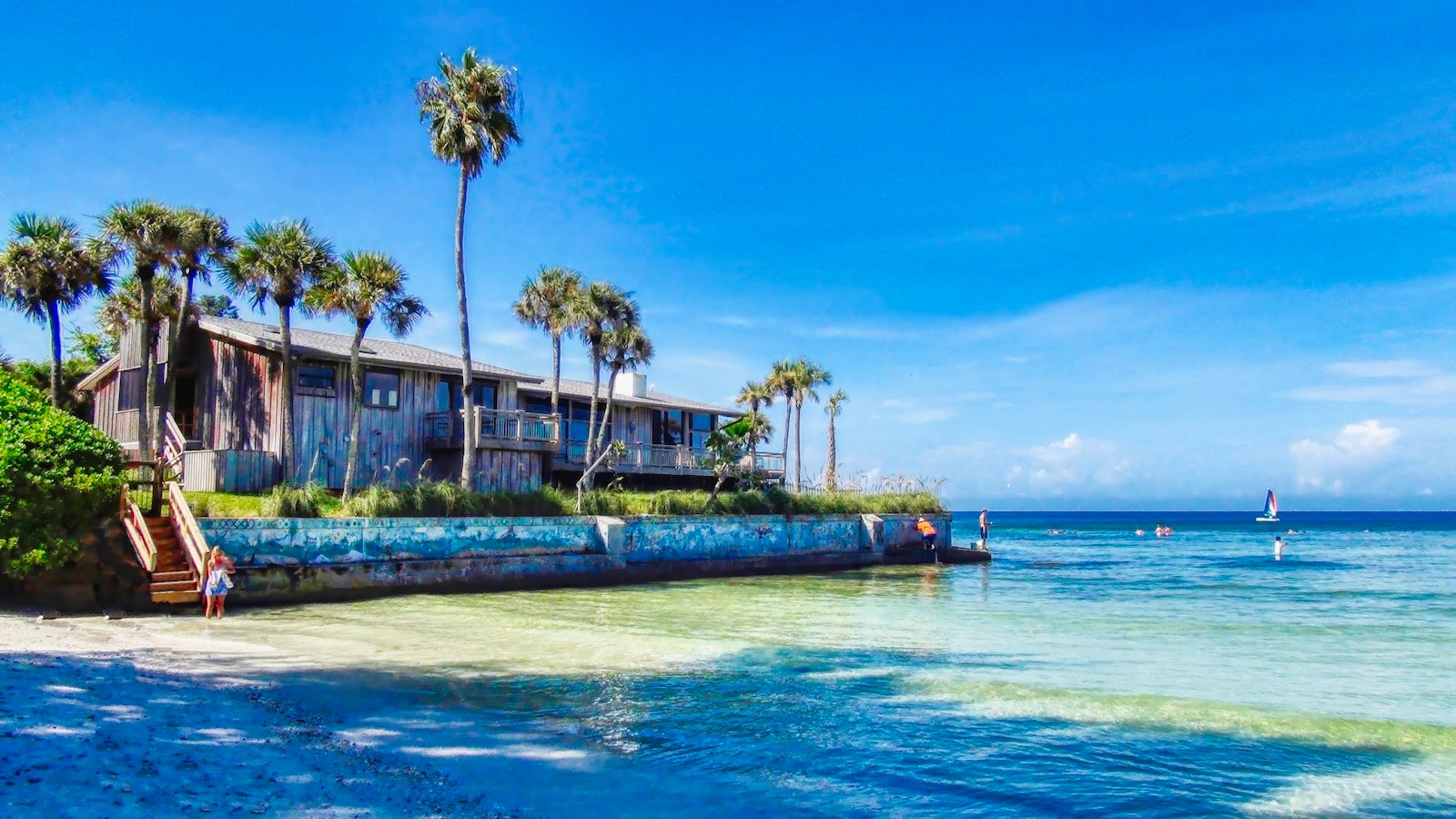 Iconic Point of Rocks Siesta Key with the rustic-looking wood house perched on a ledge