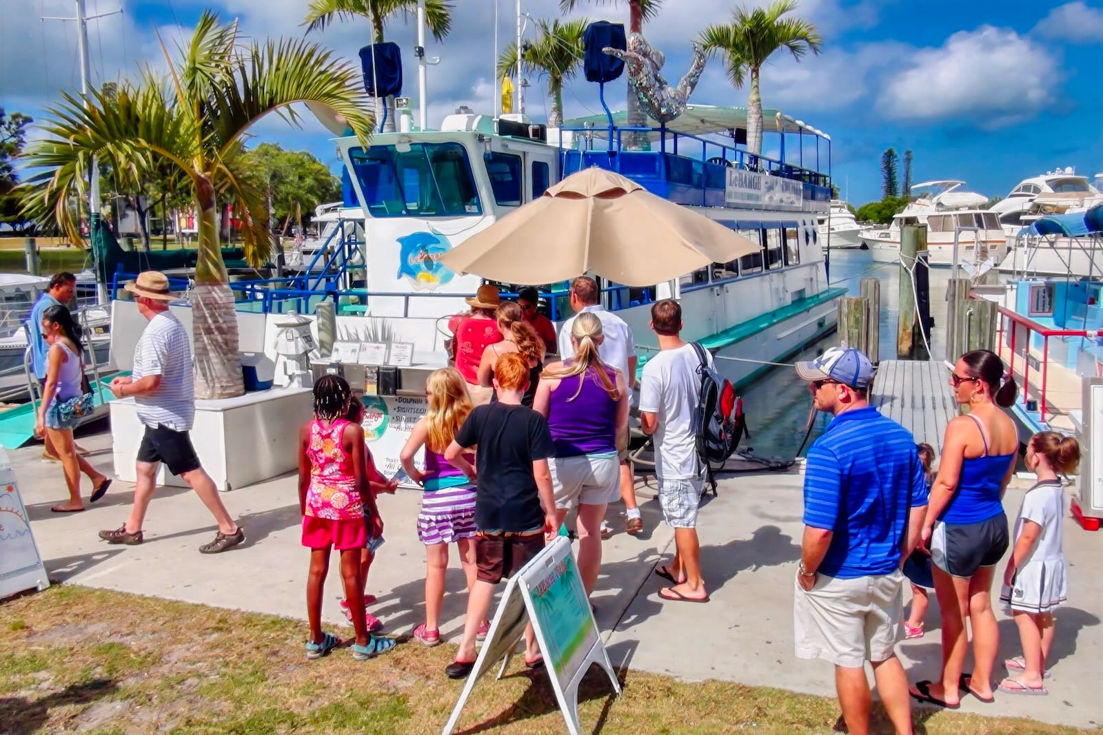 boarding LeBarge for a cruise around Sarasota Bay - fun activities for kids in Sarasota