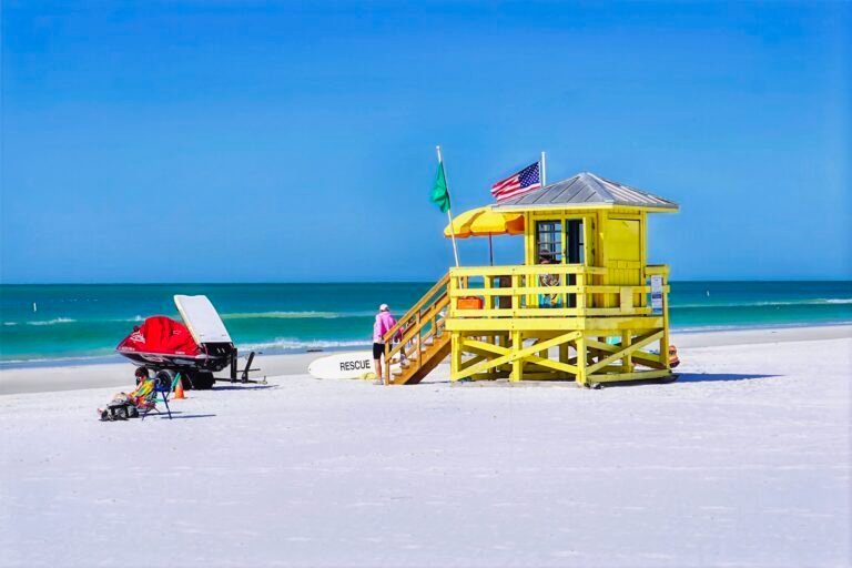 The yellow stand at Siesta Beach is the #1 most photographed stand among Sarasota lifeguard stands
