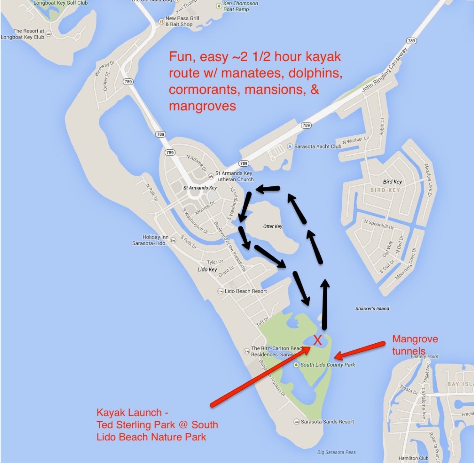 map for kayaking the lido mangroves at Ted Sperling Park at South Lido Beach Nature Park
